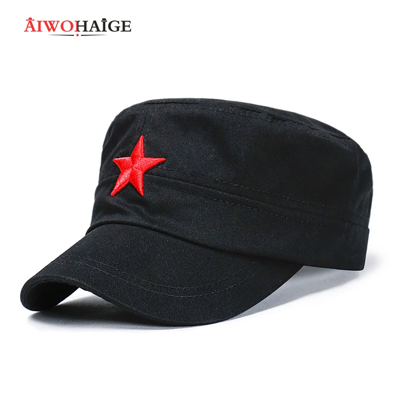 

2021 red five-pointed star embroidery Military Hats black Flat top hat camouflage army cap trucker outdoor solid dad bone cotton