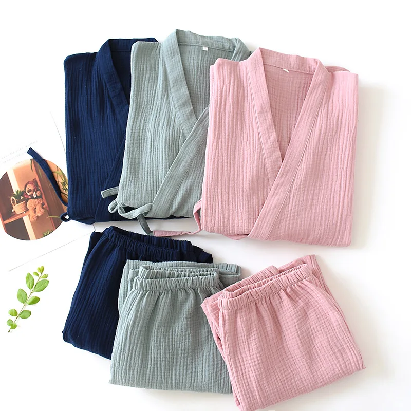 

Cotton Homewear Robe Sets for Men and Women Couple Pajamas Loose Bathrobe Pant Suits Plus Size Sleepwear Paired Clothes