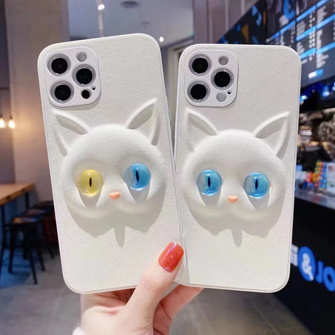 

Phone Case Cute cat head 3D Big eyes for iPhone 12 11 Pro Max XS 8 7 Plus X 5S SE 2020 XR 12 Mini Half-wrapped for girls Case