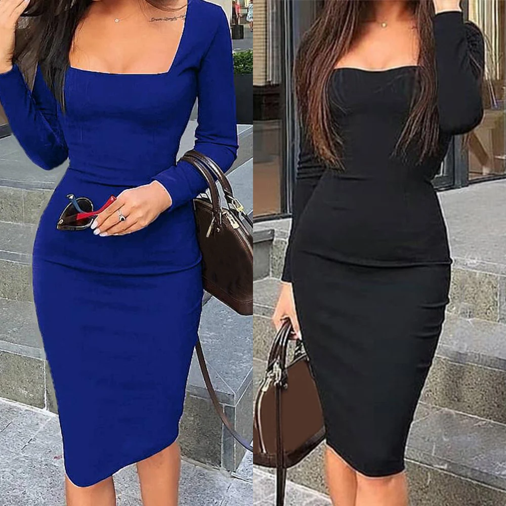 

Solid Women Long Sleeve Pullover Dress Square Neck Knee Length Bodycon Dress Spring/Autumn Office Ol Slim Skinny Dress