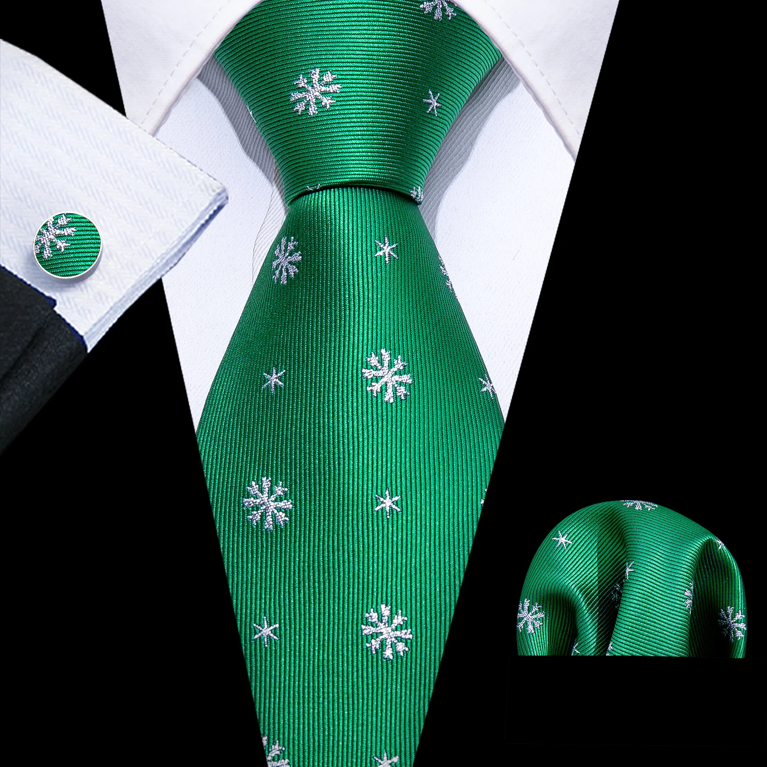 

New 3PC Green Christmas Mens Tie 8.5cm Silk Snow Cartoon Neckties Business Handkerchief Cufflink Tie Gift Set Barry.Wang FA-5383