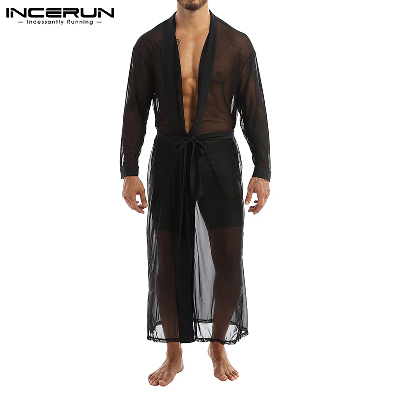 

Men Robes Mesh Solid Color See Through 2021 Homewear Open Stitch Long Sleeve Leisure Nightgown Sexy Bathrobe With Belt INCERUN 7
