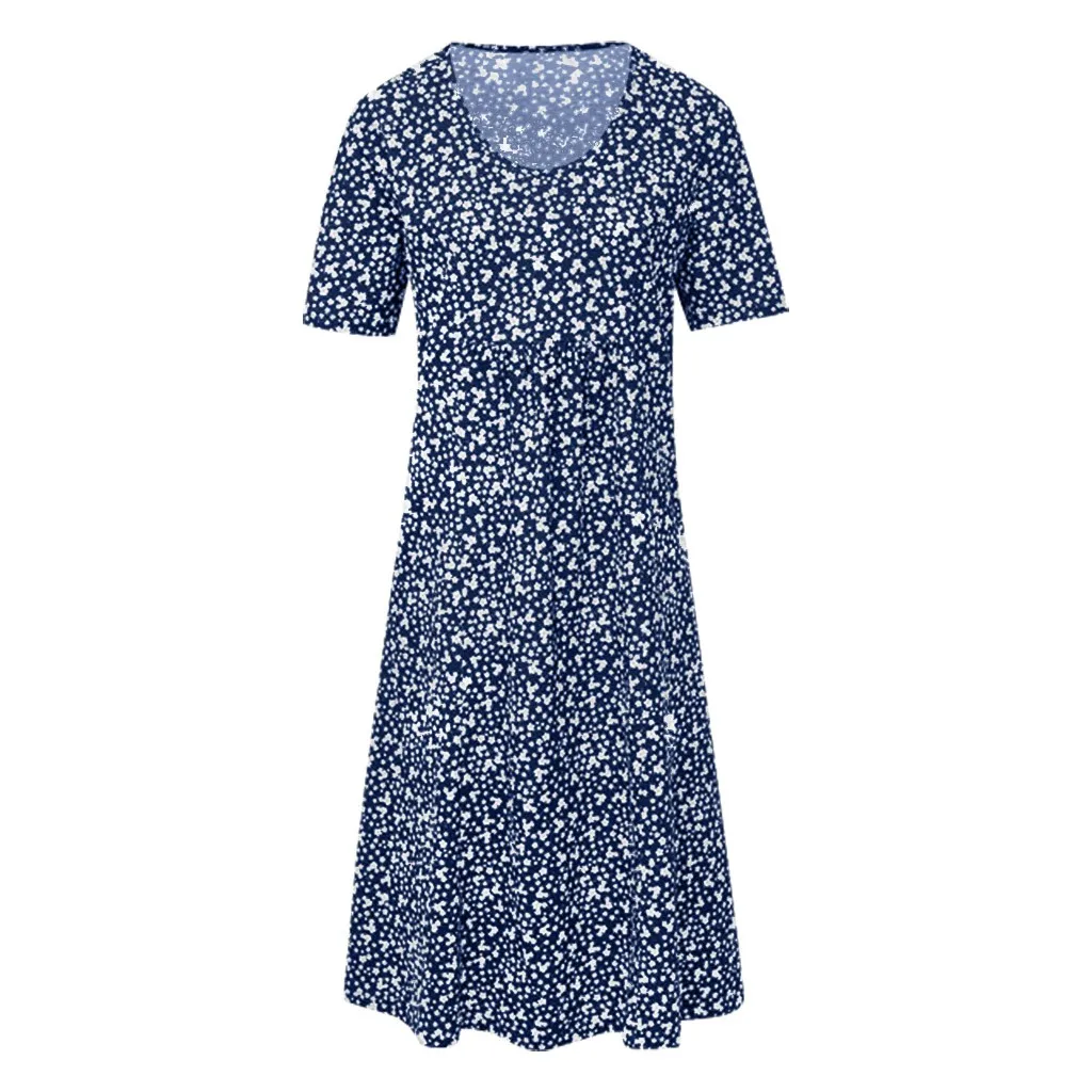 

Women's Bohemian Dress Summer Floral Print O-Neck Short Sleeve Pocket Midi Dress Fashion Ladies Casual Loose Dress#35
