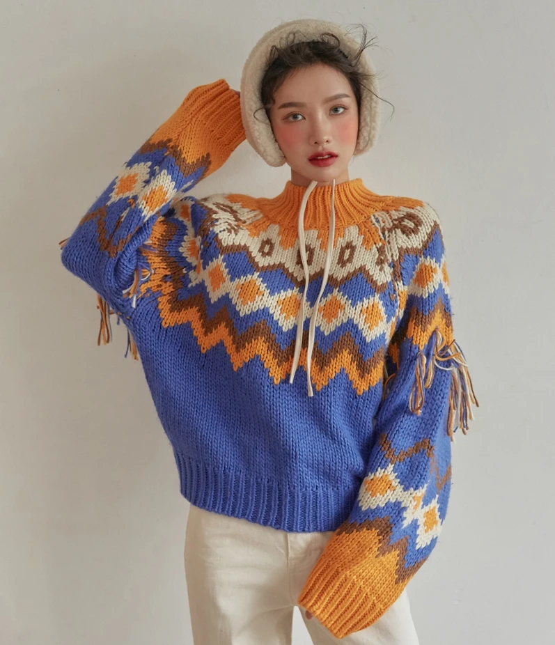 

Korean Tassels Knitted Women Sweater Pullover 2021 Full Sleeve Mock Neck Fashion Vintage Female Jumpers Tops Femme