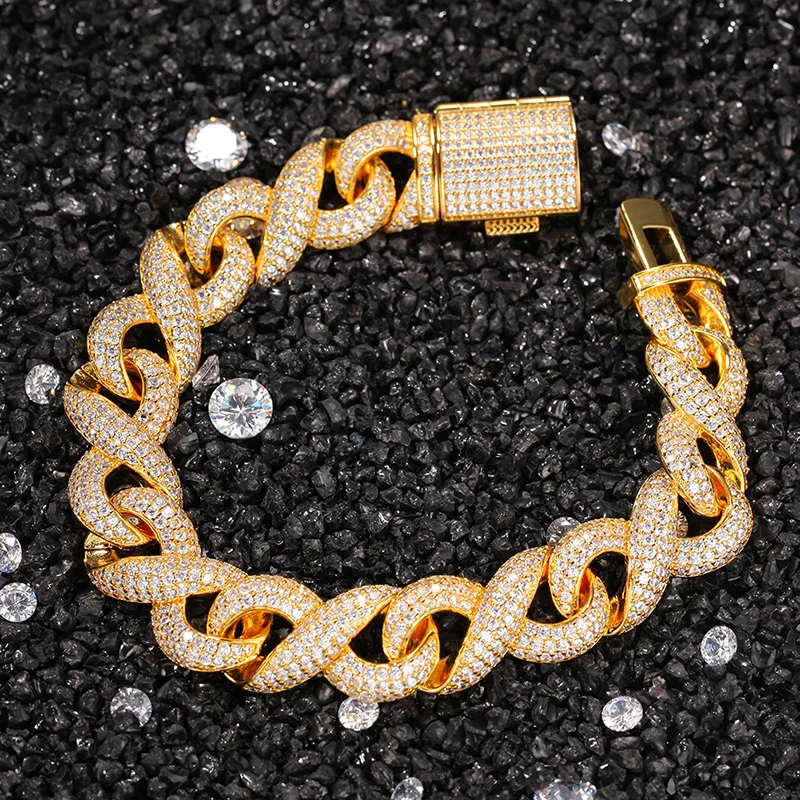 

Hip Hop AAA CZ Stone Paved Bling Iced Out Infinity Shape Solid Link Chain Bangle Bracelet for Men Rapper Jewelry