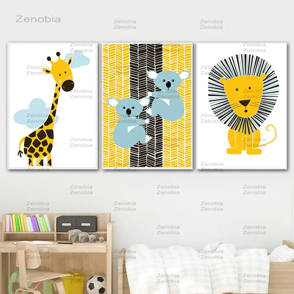 

Yellow Lion Canvas Painting Baby Room Decor Cartoon Animals Wall Art Poster Nordic Zebra Plakat Wall Pictures For Baby Kids Room