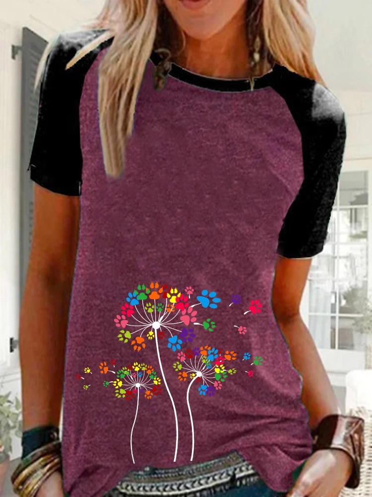 

Women's Summer Fashion Dandelion Printed Casual Shirt Plus Size Short Sleeve T-shirt Ladies Round Neck Raglan Shirts Plus Size