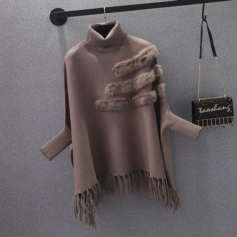 

SuperAen 2020 осенний пуловер с высоким воротом размера плюс, однотонный свободный свитер с кисточками, женская накидка