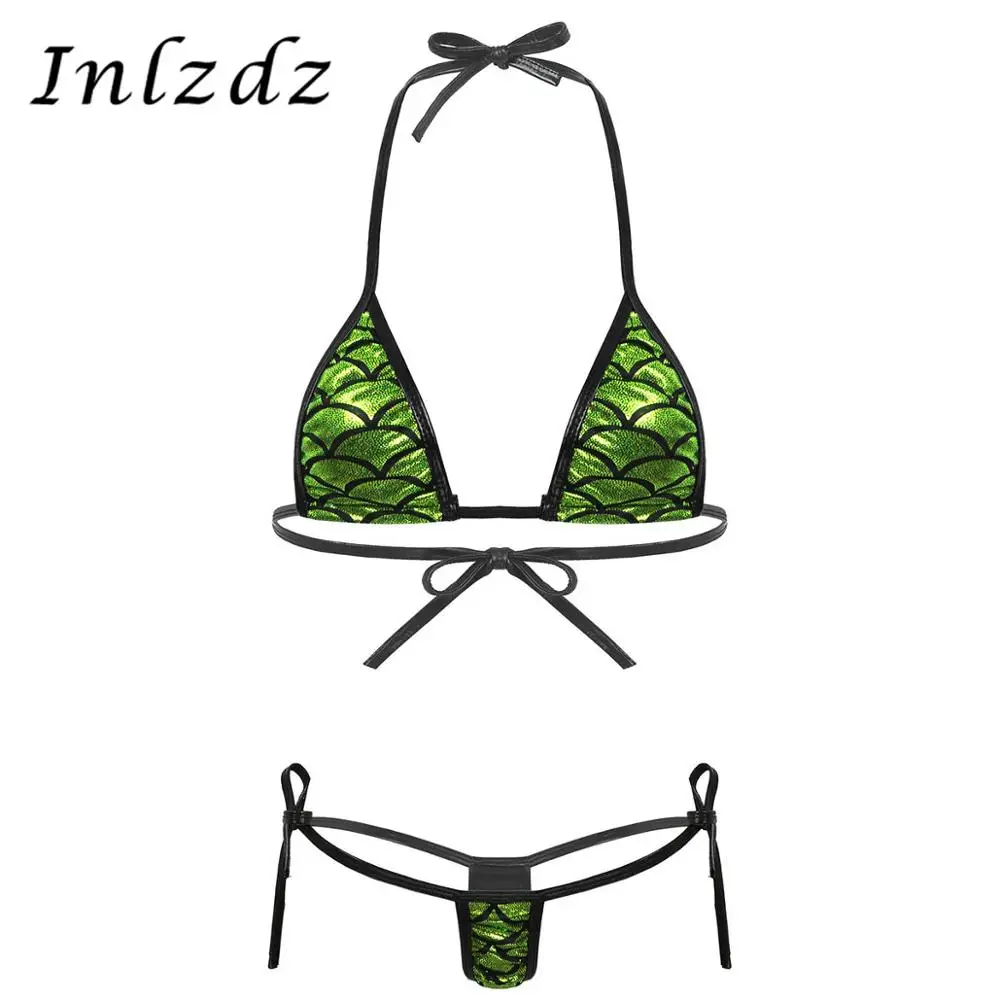 

Womens Bikini Lingerie Set Shiny Metallic Mermaid Fish Scale Printed Underwear Halter Neck Self-tie Bra Top with G-String Briefs
