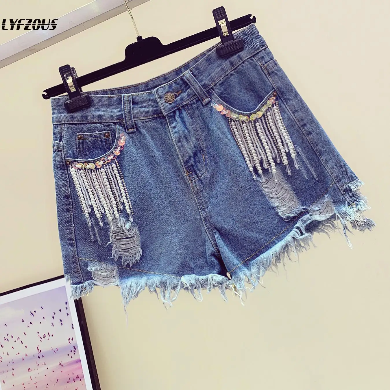 

Женские джинсовые шорты, женские модные рваные джинсовые шорты Стразы с бахромой, бриллиантами и блестками, с высокой талией
