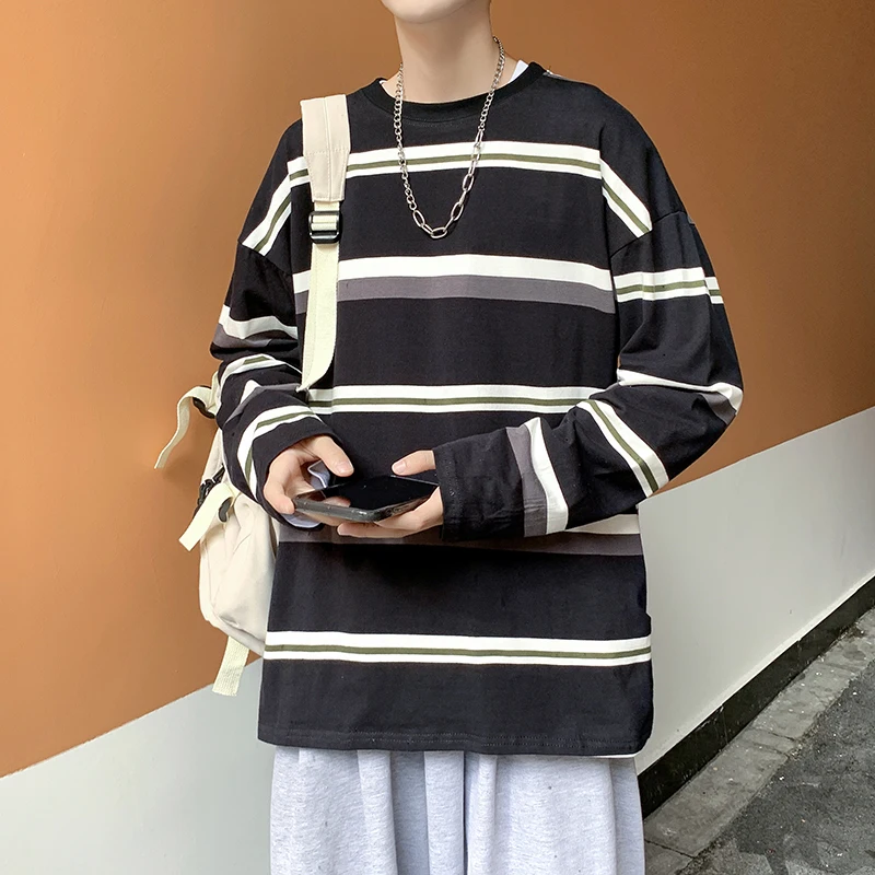 

Hit Color Striped Long Sleeve Men Tshirts Autumn Fashion Popular Loose Casual Black White Oversized Harajuku Japanese Streetwear