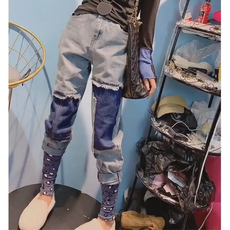 

2020 Spring Women's Jeans Leopard Spliced Nostalgic Casual Contrasting Patchwork Harem Pants Fashion Ripped Jeans for Women