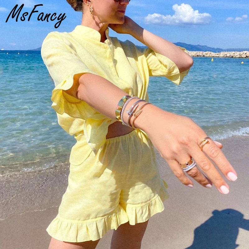 

Msfancy Summer Shorts Sets Women Cotton 2 Piece Set 2021 Mujer Stand Collar Shirt Half Sleeve Vintage Pajamas Suit