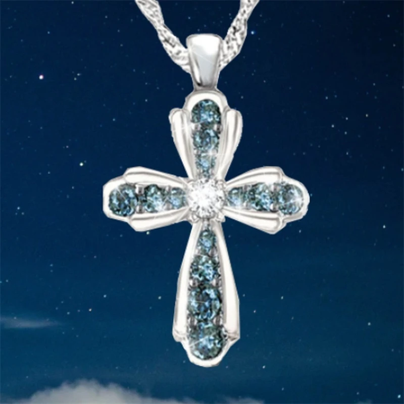 

Wedding Necklace Jewelry Pendant Simple Blue Zircon Cross Women's Fashion Prom Jewelry Valentine's Day Gift Wholesale