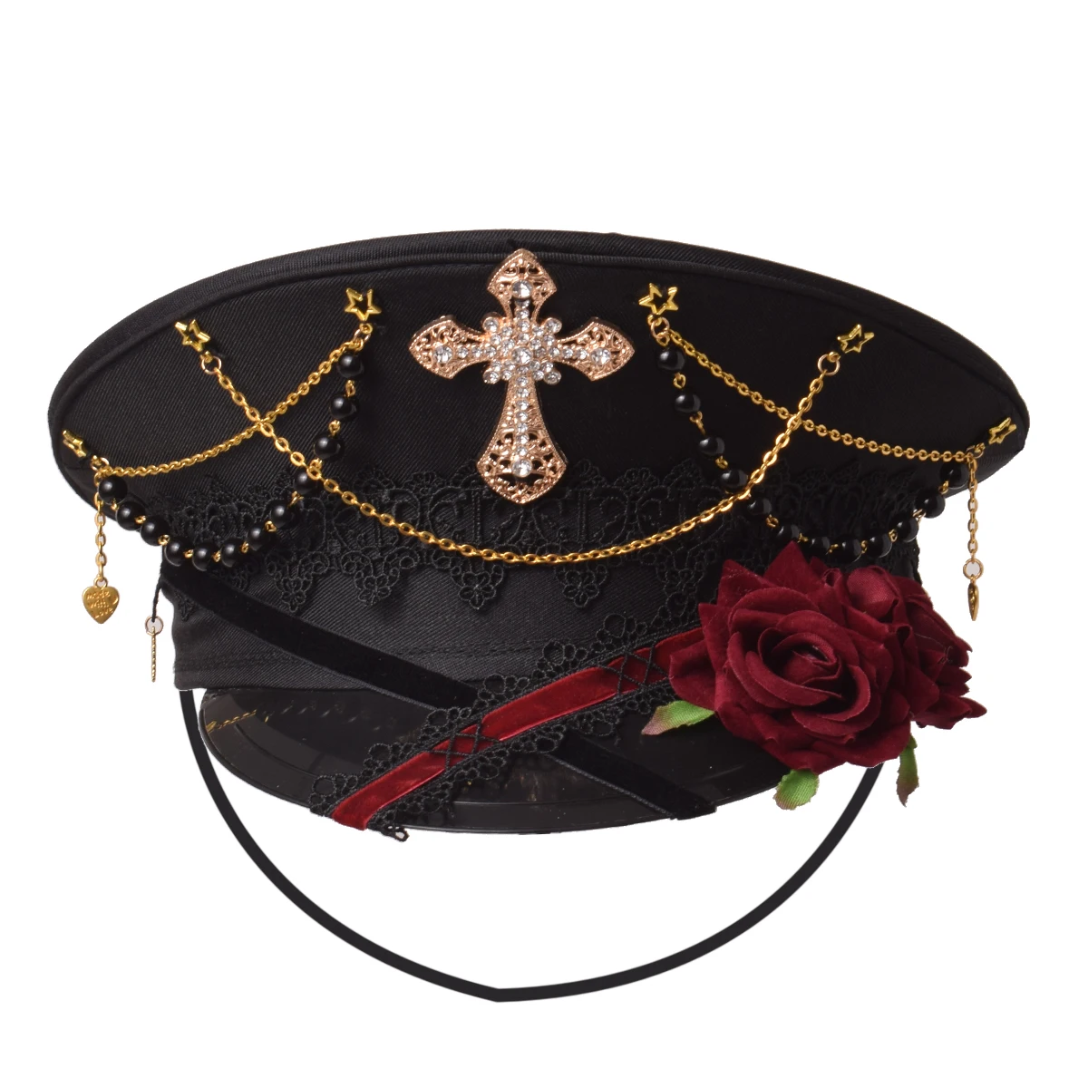 Black Cross Gothic Lolita Military Hat Cap for Women Female Sailor Captain Flat Steampunk Carnival Halloween Hair Accessories