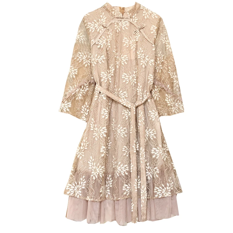 

Женское кружевное платье с длинным рукавом, Элегантное повседневное платье макси с цветочным кружевом в винтажном стиле, одежда для вечерн...