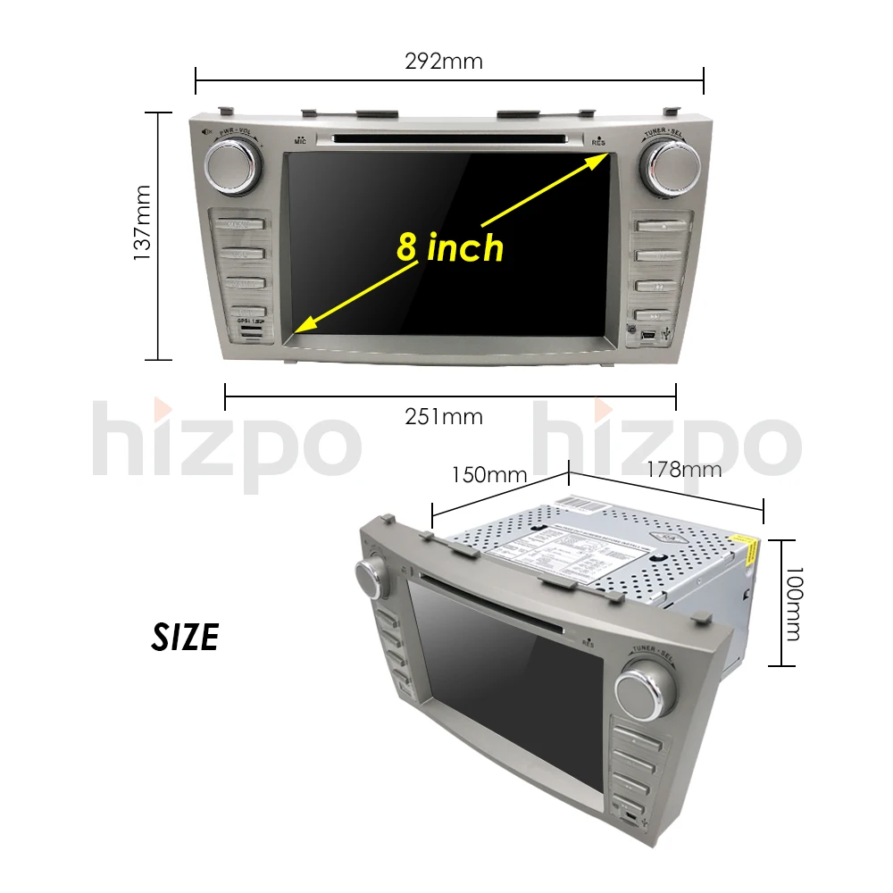 HIZPO Android 9.0 2DIN 8inch Car Stereo GPS For TOYOTA Camry 2007-2011 Aurion 2006-2011 Touch screen 1024*600+wifi+BT+RDS+Camera |