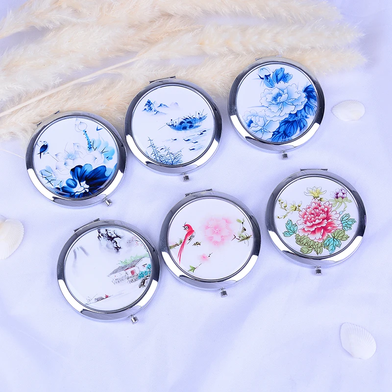 Китайское круглое мини складное зеркало милое для девочек двухстороннее черное