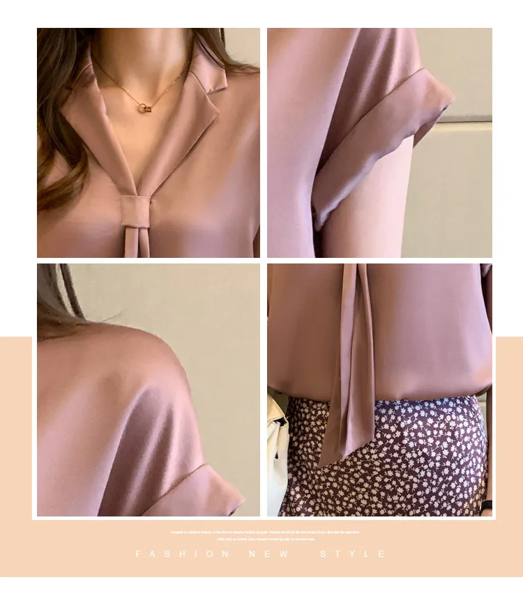 

Women's Blouses Chiffon Short Sleeve Tops V-neck Shirts Fashion Bow Solid Color Casual Korean Loose Commute