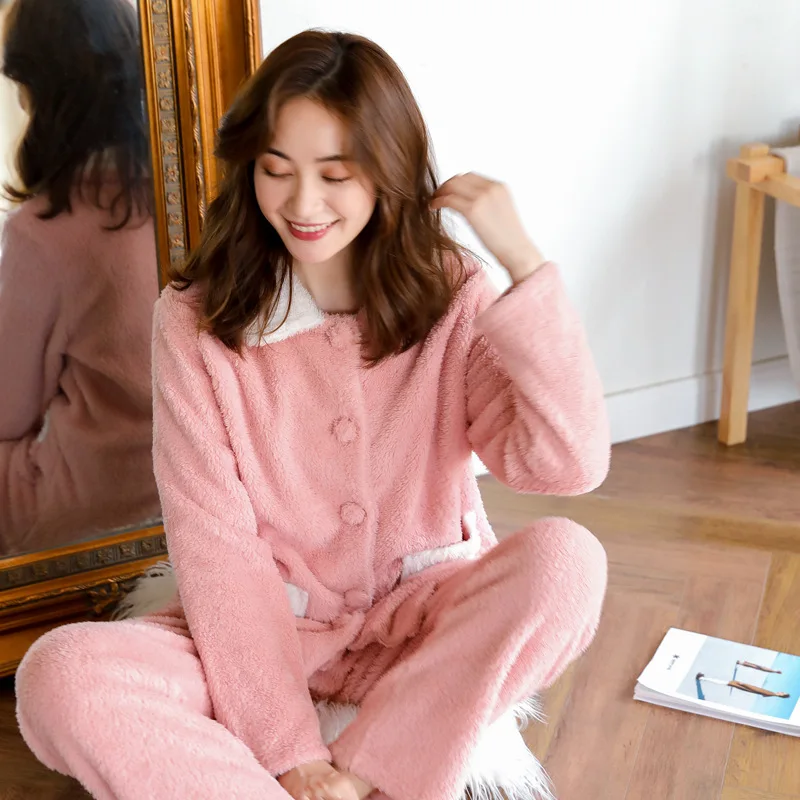 

Flannel Pajamas Women Sleepwear Button Down Fleece Pyjamas Room Wear Winter Pajamas Women 2020 Cute Soft Home Lounge Set