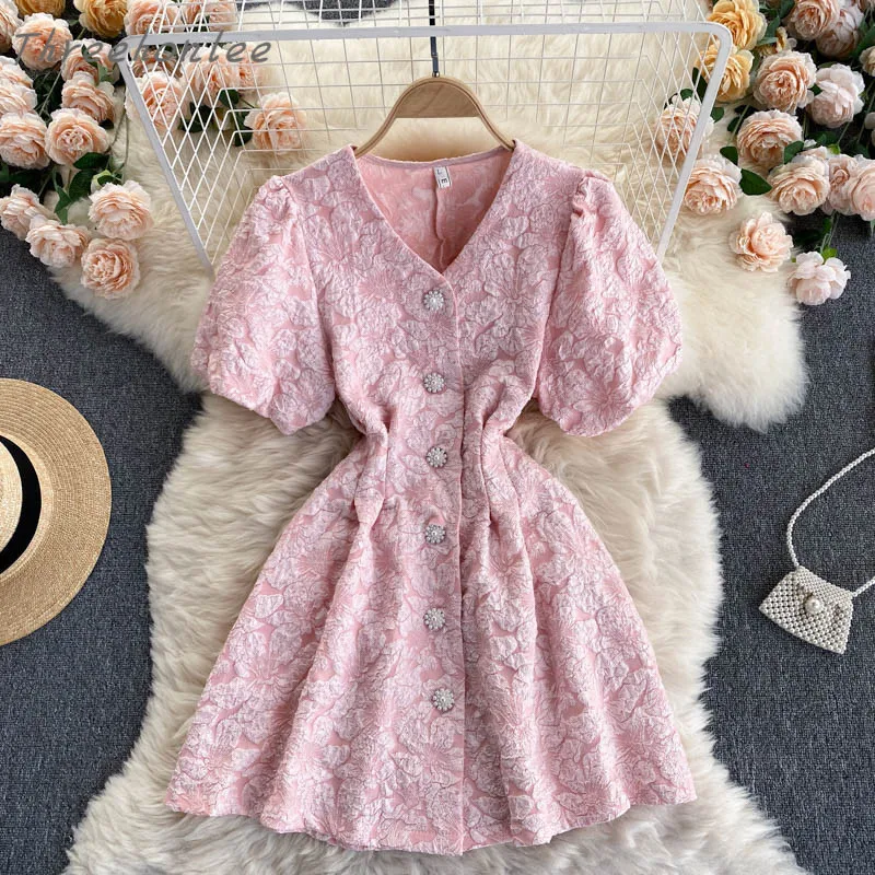 

2021 Summer Temperament Single Breasted V-Neck Dress Women Vintage Jacquard Hollow Out Waist Chic Vestidos Mini Dresses