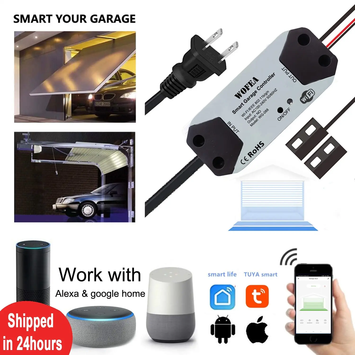 

Wofea WiFi Switch Smart Garage Door Opener Controller Work With Alexa Echo Google Home SmartLife/Tuya APP Control No Hub Require