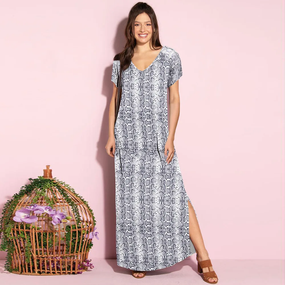 

Sexy V-Neck Maxi Dress Women Short Sleeve Print Split Long Dresses Summer Casual Loose Beach Party Dress Elegant Sundress Robe