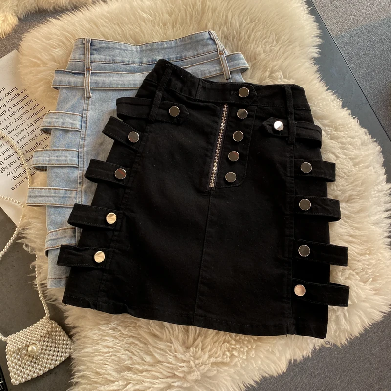 

2021 spring and summer new fashion slim slim high waist wild breasted a-line denim skirt