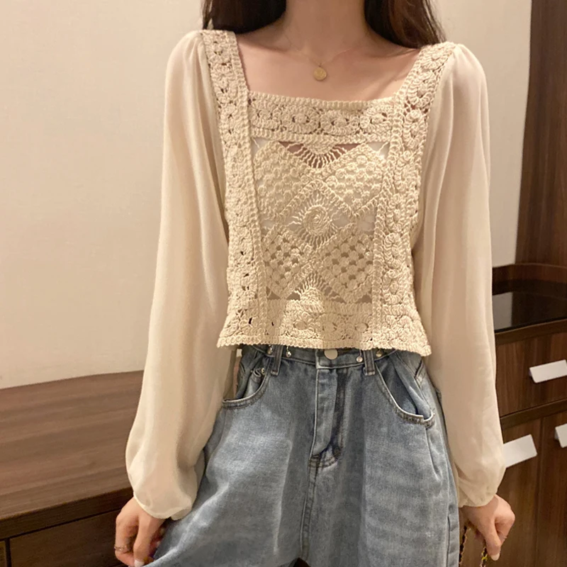 

summer women long sleeve short blouses woman hollow out lace patchwork chiffon blouses women crop tops