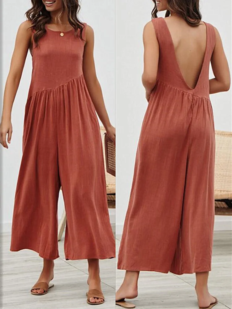 

Женский свободный комбинезон без рукавов, повседневный однотонный плиссированный жилет с круглым вырезом спереди, V-образным вырезом сзади...