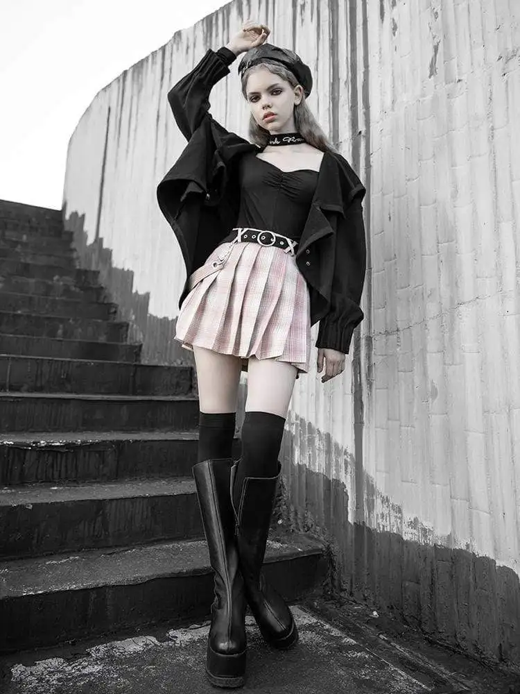 Женские плиссированные юбки в клетку с поясом и цепочкой стиле панк PQ 710DQ|Женские