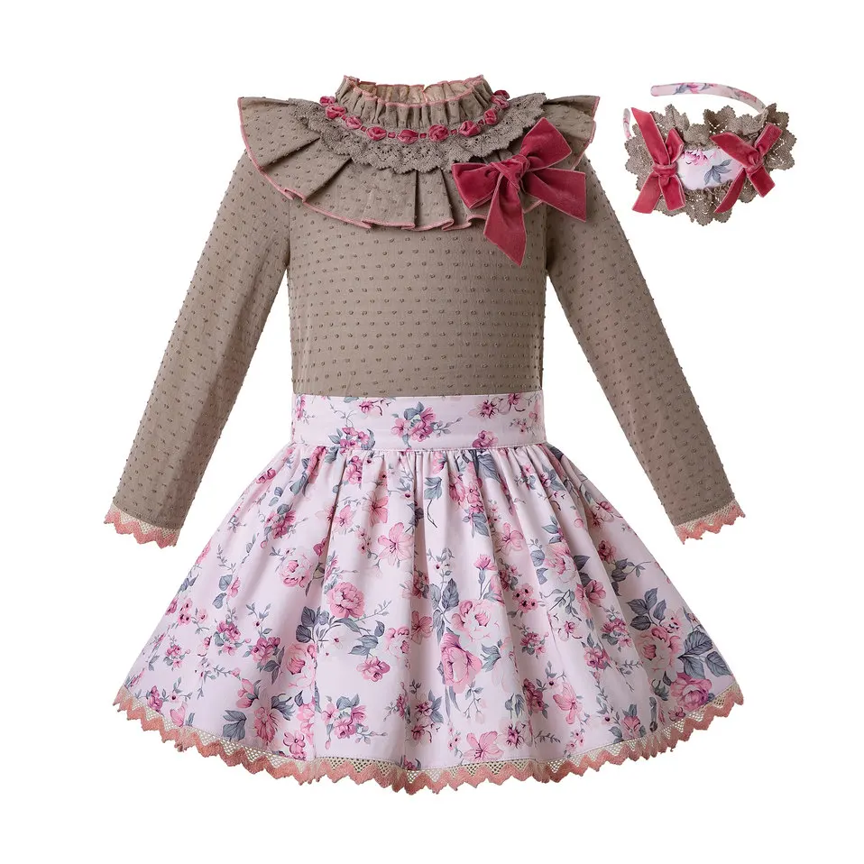 Pettigirl/Осенняя коричневая блузка в горошек для девочек + юбка с цветочным принтом