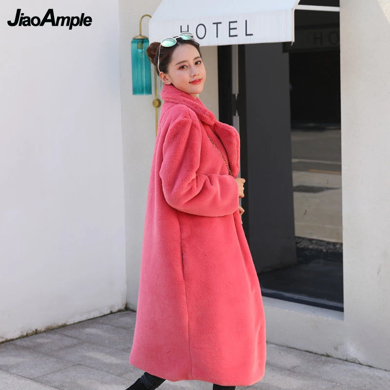 Women's Winter Warm Long Faux Rabbit Fur Coats 2021 Lady Graceful Loose Solid Open Stitch Outside New Thick Plush Outwear Female