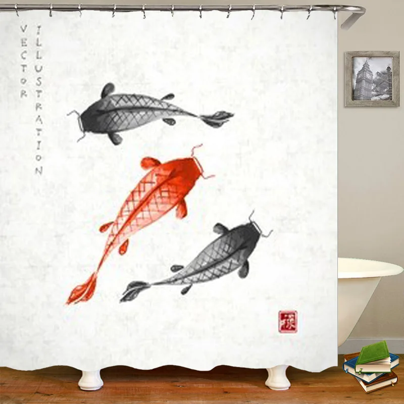 

Japanese Painting Red and Black Koi Carps Fish Bathroom Curtain Shower Curtains Art Painting Waterproof Curtains for Bath Decor