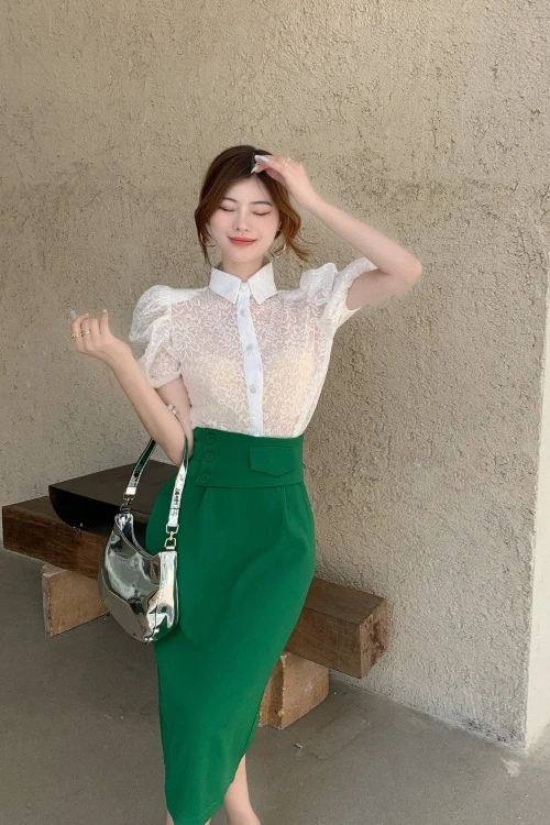 

COIGARSAM French Style Short Shirt Womens tops Vintage Puff Sleeve High Waist Women shirts White Pink 3506