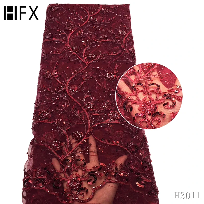 HFX бордовый цвет бисерная кружевная ткань Африканская Роскошная вышитая