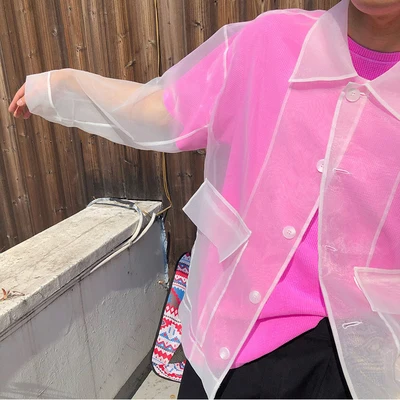 

New men Organza transparent Long sleeved shirt jacket fashion tide See through Clear chic shirts Sunscreen Sunproof
