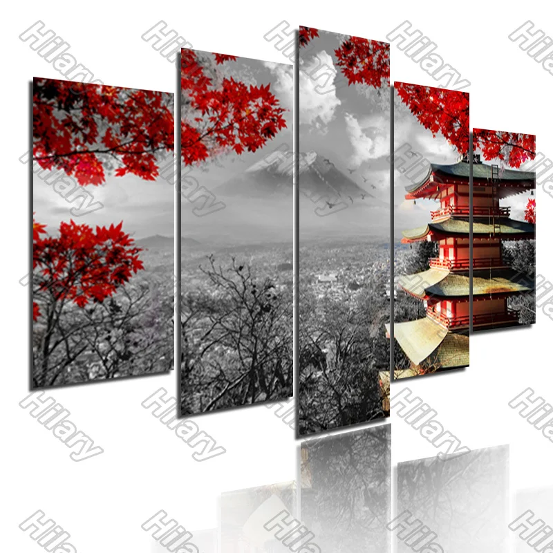 

Poster Red Maple Leaf Chinese Tower Landscape Canvas Painting 5Pcs Posters Painting Wall Art Decoration for Living Room