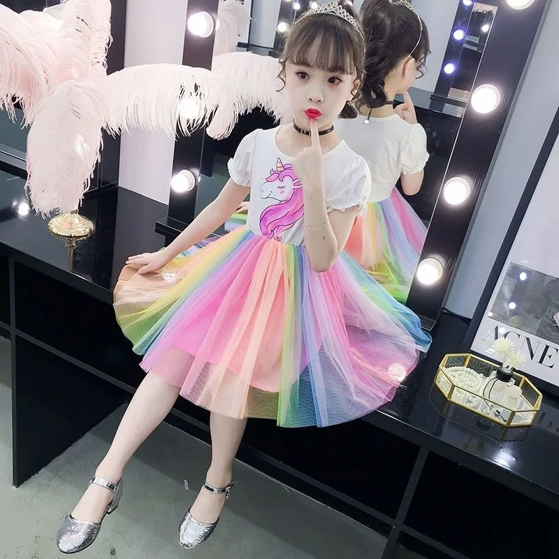 

Cute Unicorn Girls Summer Dress 2021 New Rainbow Dress Baby Girl Birthday Party Dresses Princess Tulle Dress Kids Summer Clothes