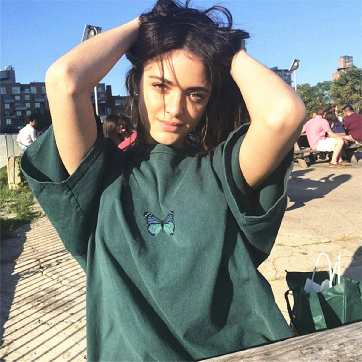 

Vintage Butterfly Embroidery Loose Tees Women Casual O Neck Green Short Sleeve T Shirt Summer Streetwear Oversize T Shirts 2021
