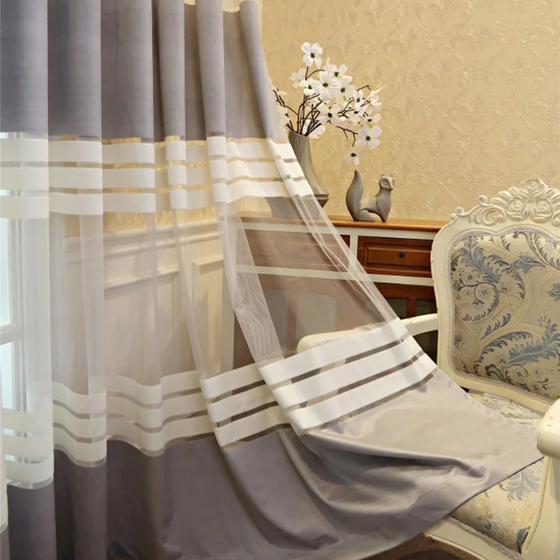 Горизонтальные полоски серый Шторы для Гостиная кружевное платье из тонкой