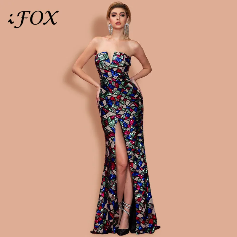 

Charming Slash Neck Sleeveless Sequined Women Dress 2020 Sexy Strapless Zipper Back Women Party Dress with High Side Split