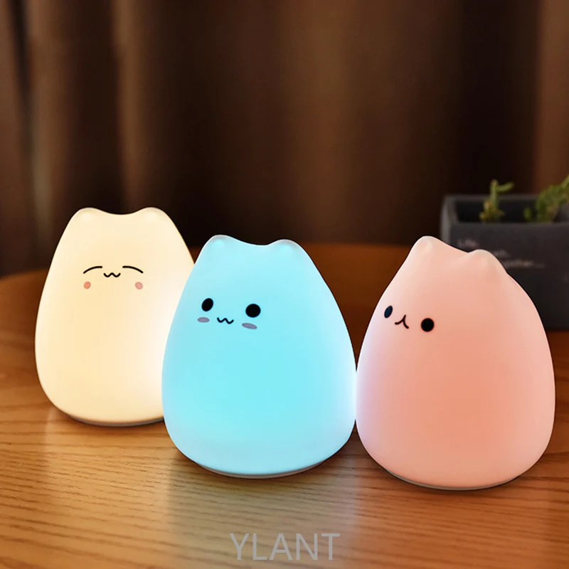 

7 Colors Cat Night Lamp Kids Baby Bedroom Desktop Decor Ornaments Battery/USB Charge Cute LED Night Light Silicone Touch Sensor