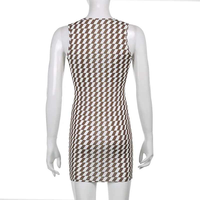 

Summer Plaid Dress Women 2021 Y2K Fashion Mini Bodycon Brown Off Shoulder Sleeveless Sexy Beach Party Dresses Robe Slim Vestidos