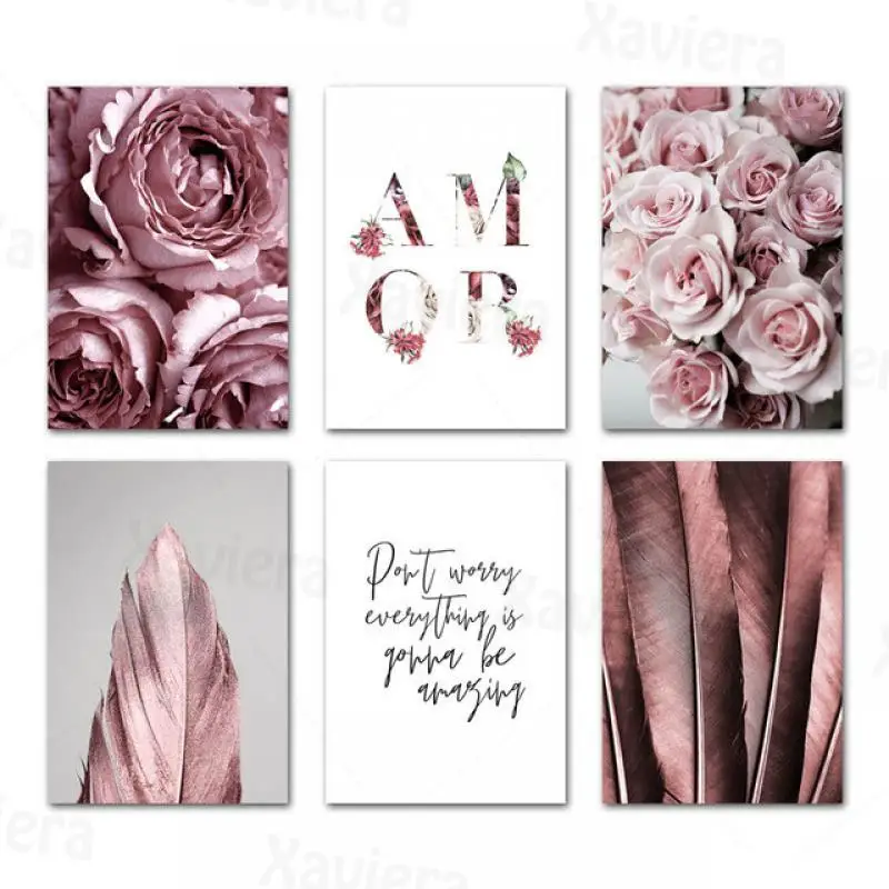 

Scandinavian Fashion Poster Pink Rose Flower Feather Nordic Wall Art Canvas Print Painting Modern Home Decor Living Room Mural