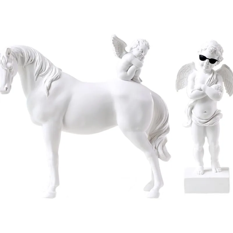 

ROMAN MYTHOLOGY WHITE CUPID ANGEL HORSE FIGURINES STATUE RESIN CRAFTS HOME DECORATION ACCESSORIES R1762