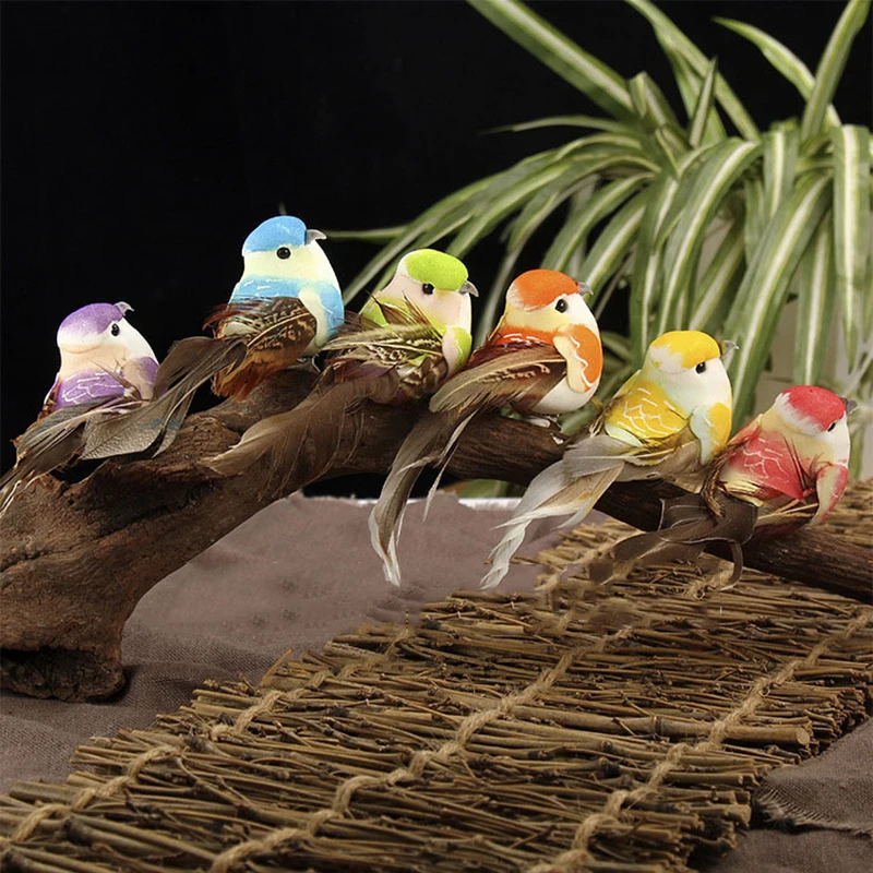 

6PCS Fake Feather Bird Xmas Tree Decor Perched Woodland Birds Decor Adornment Simulation Sparrow Colored Bird Home Garden Decor