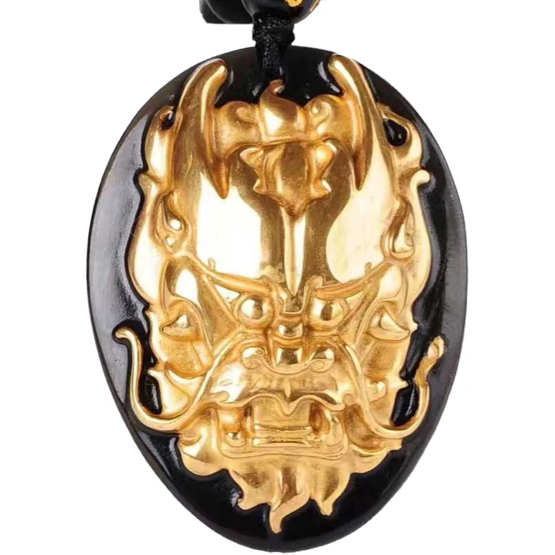 

KYSZDL pure gold color natural black obsidian carving faucet pendants men and women zodiac dragon crystal jewelry gifts