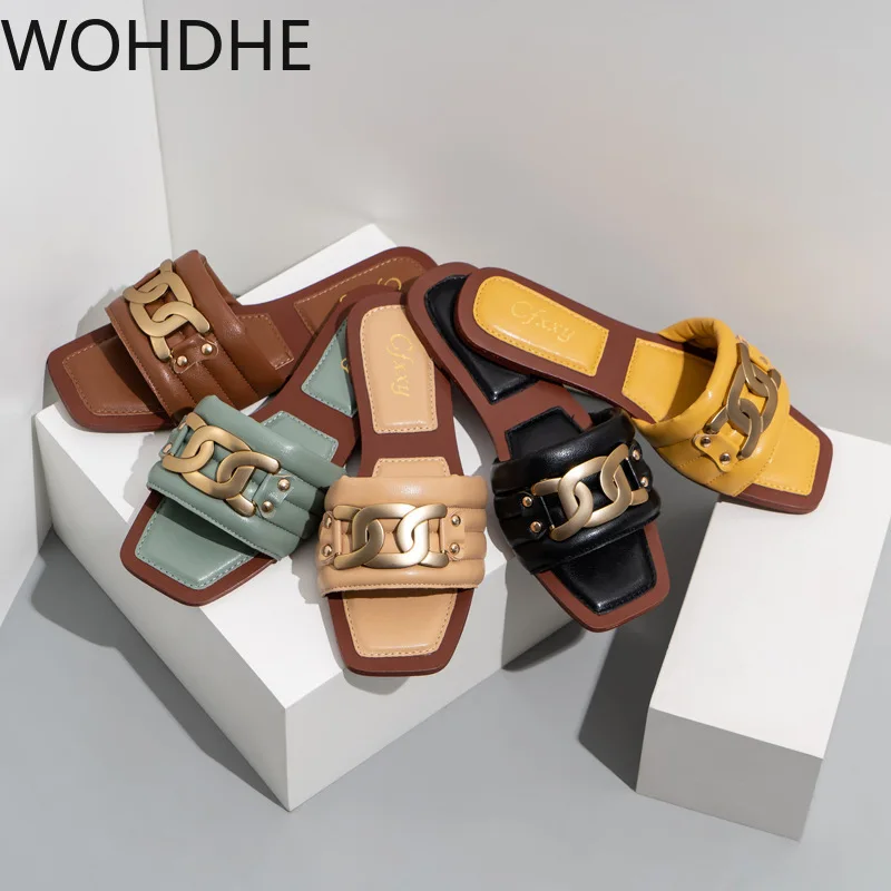 

WOHDHE Metal Buckle Flat Bottom Female Slippers 2021 Casual Slide Summer Outdoor Sandals Ladies Flip Flops Holiday Flat Shoes