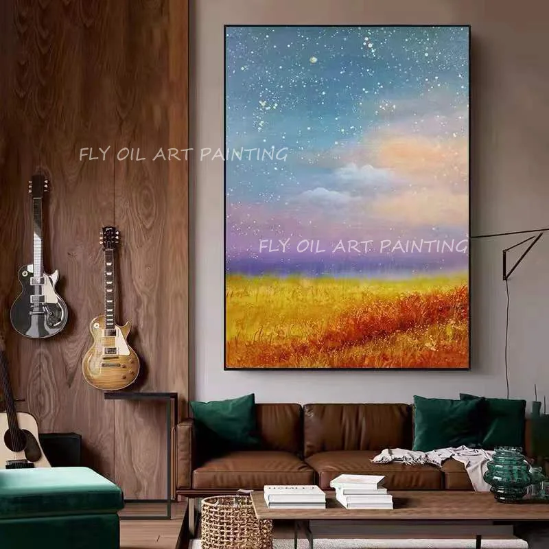 

100% Handmade colorful landscape blue sky yellow canvas Oil Paintings Large Wall Art Picture For Home Decoration No Frame
